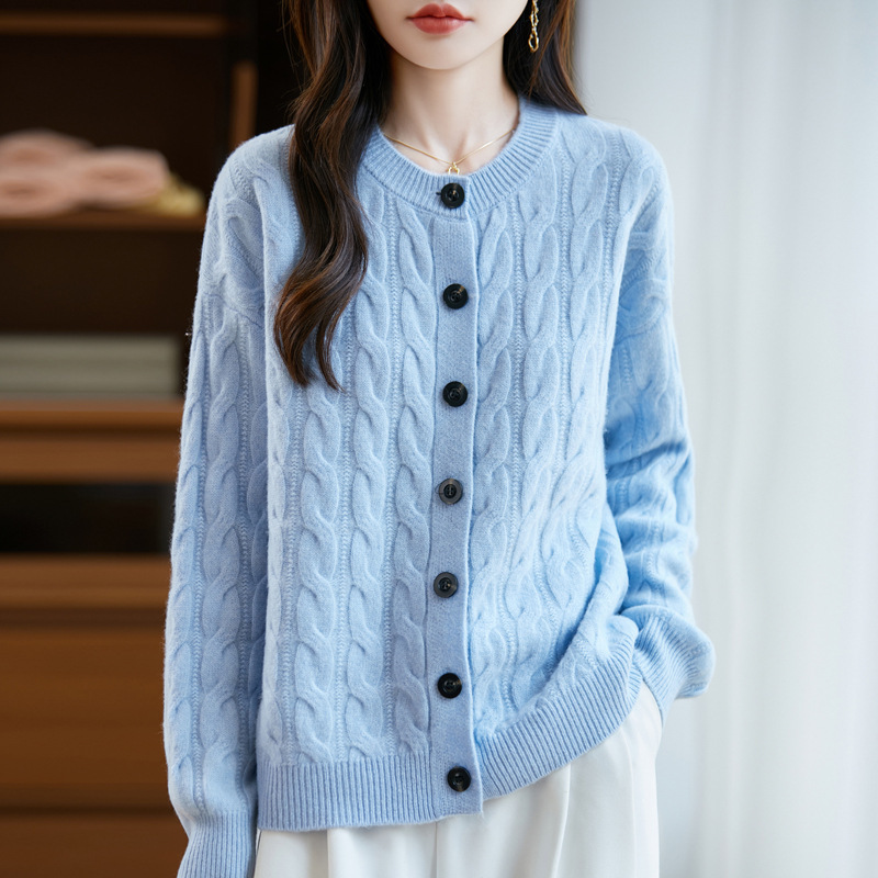 Autumn and Winter New Thickened 100% Wool Cardigan with Twisted Pattern, Knitted Jacket, Round Neck, Versatile Loose Top Jacket