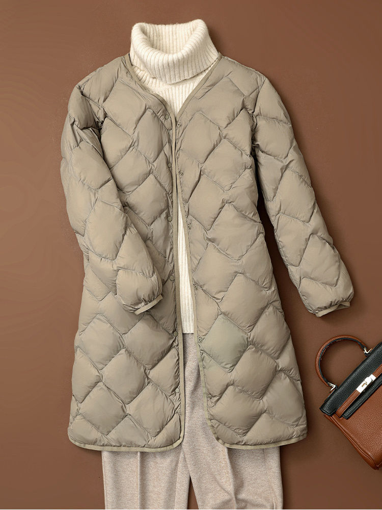 Nuevo otoño y invierno plumón chaqueta de mujer ligera media larga V-cuello redondo cuello interior de la chaqueta de abrigo