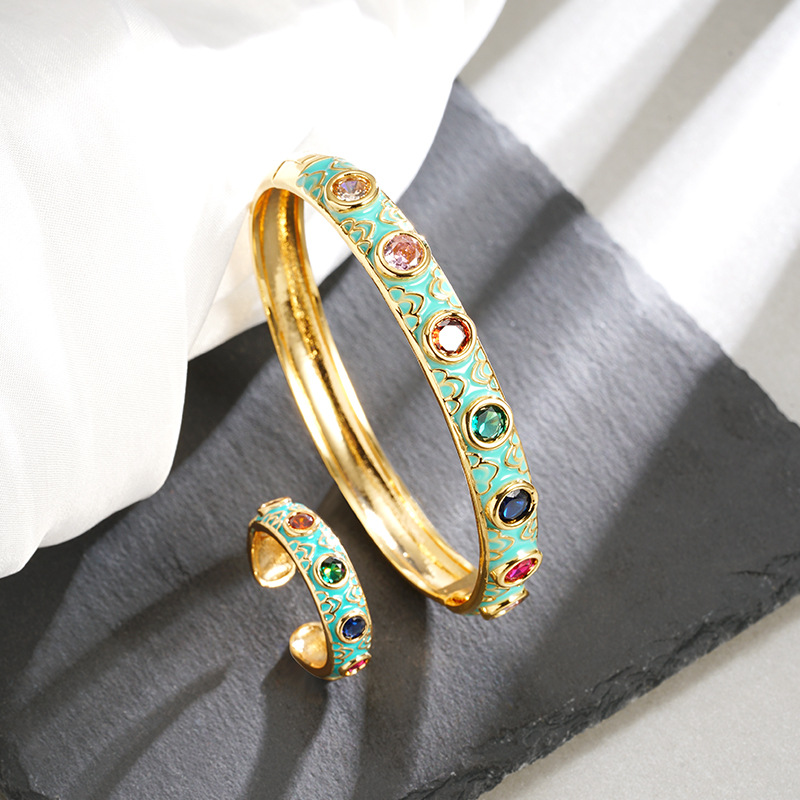 Nuevo estilo chino antiguo oro galvanizado 18k pulsera ligera de lujo colorido zirconio goteo de aceite anillo abierto joyas de nicho