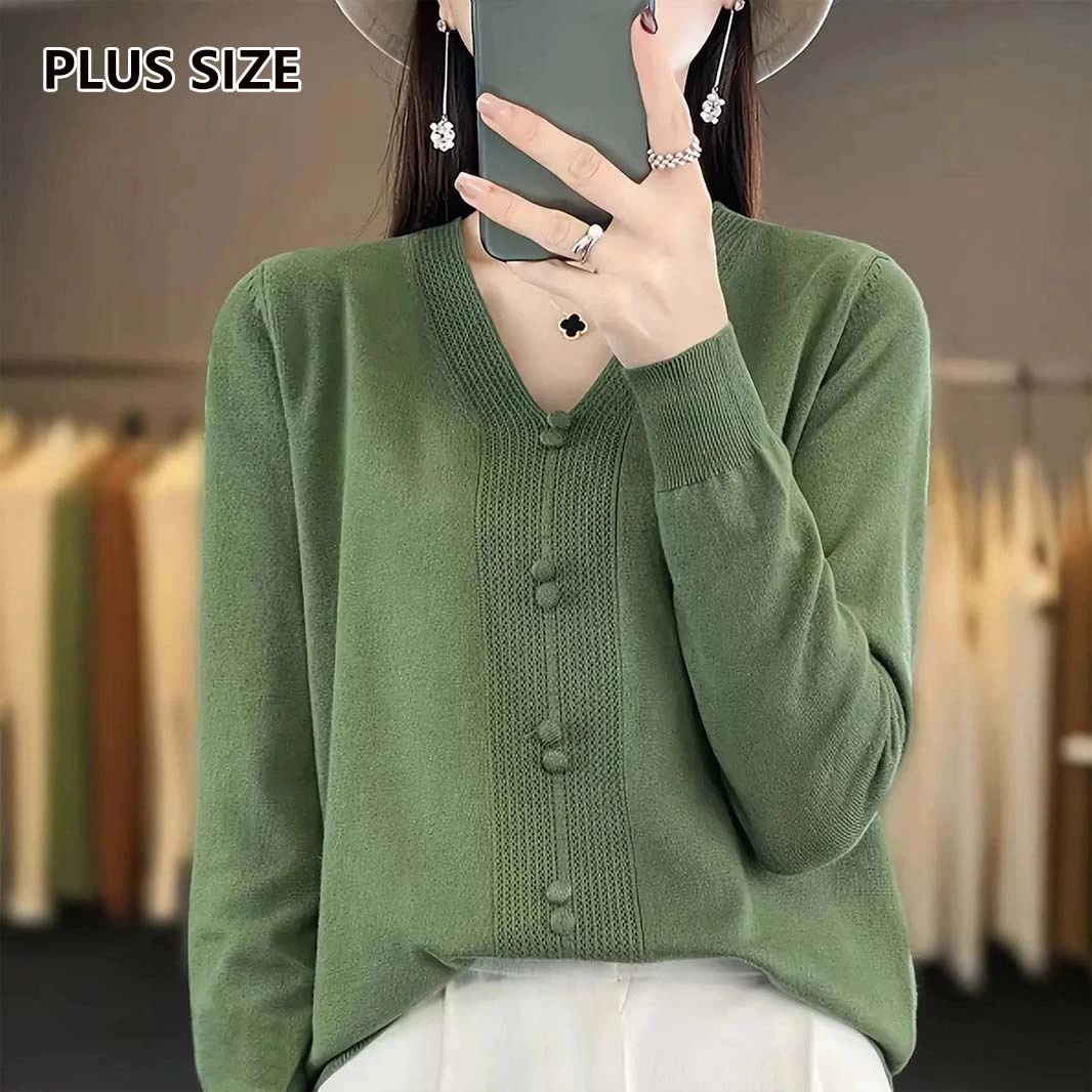 Женский трикотажный пуловер больших размеров, однотонный, с V-образным вырезом, повседневный, универсальный, для осенне-зимнего экспорта за рубеж.