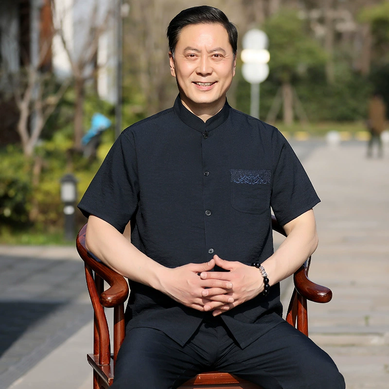 Silk set for boys for elderly, Hanfu, with short sleeve, Chinese style