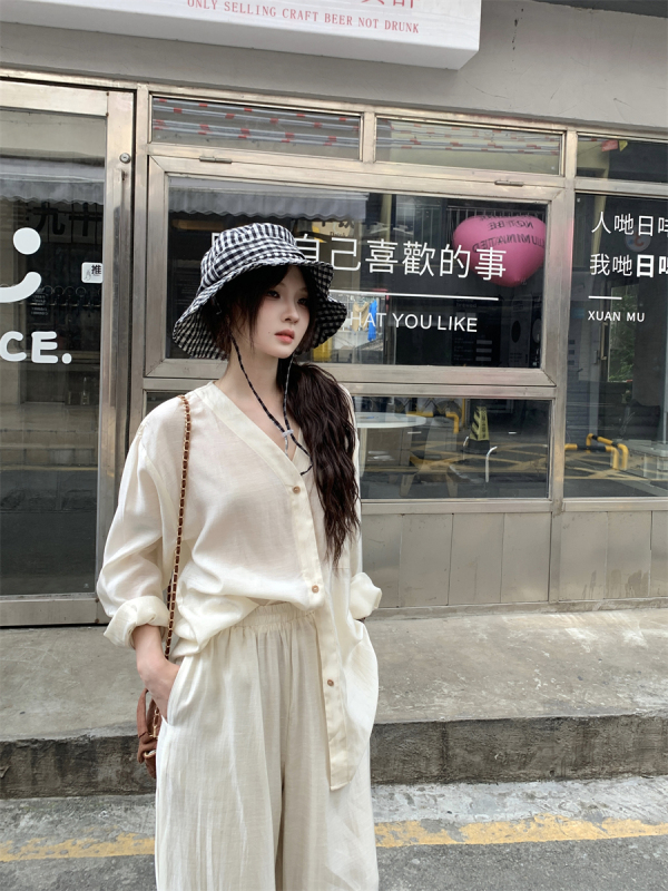 慵懒风套装V领长袖衬衫上衣女2025年秋季高腰休闲裤长裤两件套|undefined