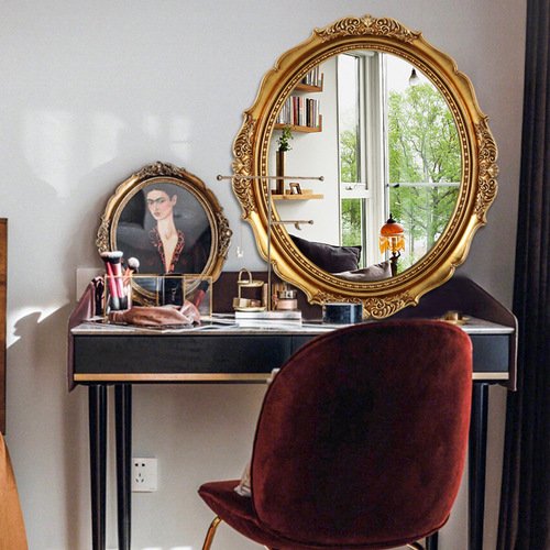  New European-style Bathroom Mirror, American-style Entrance Wall-mounted Decorative Mirror, PU Retro Women's Vanity Bathroom Mirror