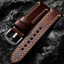 手工头层牛皮表带20 22 24MM黑灰棕男真皮意大利油蜡皮复古风