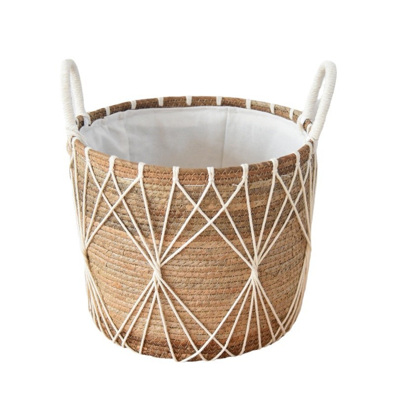 Cestas de almacenamiento de ropa sucia nórdica juguetes domésticos trenzando cestas de tela de paja con forro de tela canasta sucia decoración residencial