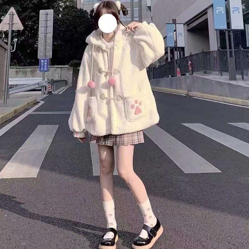 冬季日系软妹学生韩版宽松百搭可爱连帽羊羔加绒外套女学院风上衣