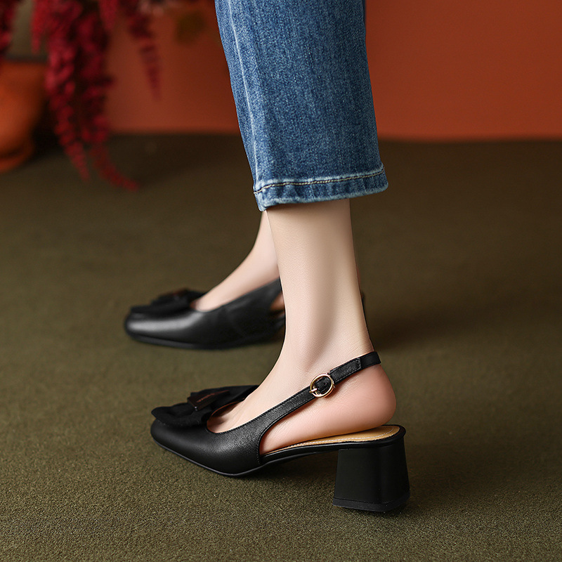 Sandal nữ mũi vuông quai ngang gót trung, phong cách mới xuân hè — Màu đen chi tiết 20