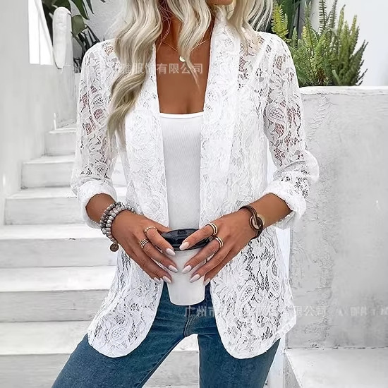 New European and American Cross-Border Spring and Summer Small Suit Jacket, Stylish and Versatile, Solid Color Lace Shirt Jacket
