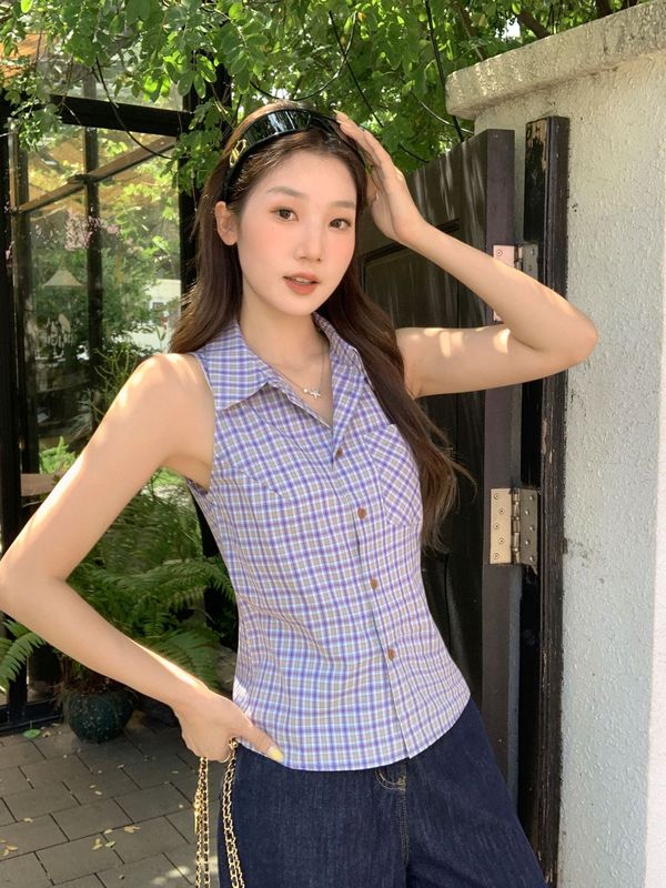 蓝绿格纹Polo领背心吊带女2025年夏日新款设计感宽松显瘦无袖上衣|undefined