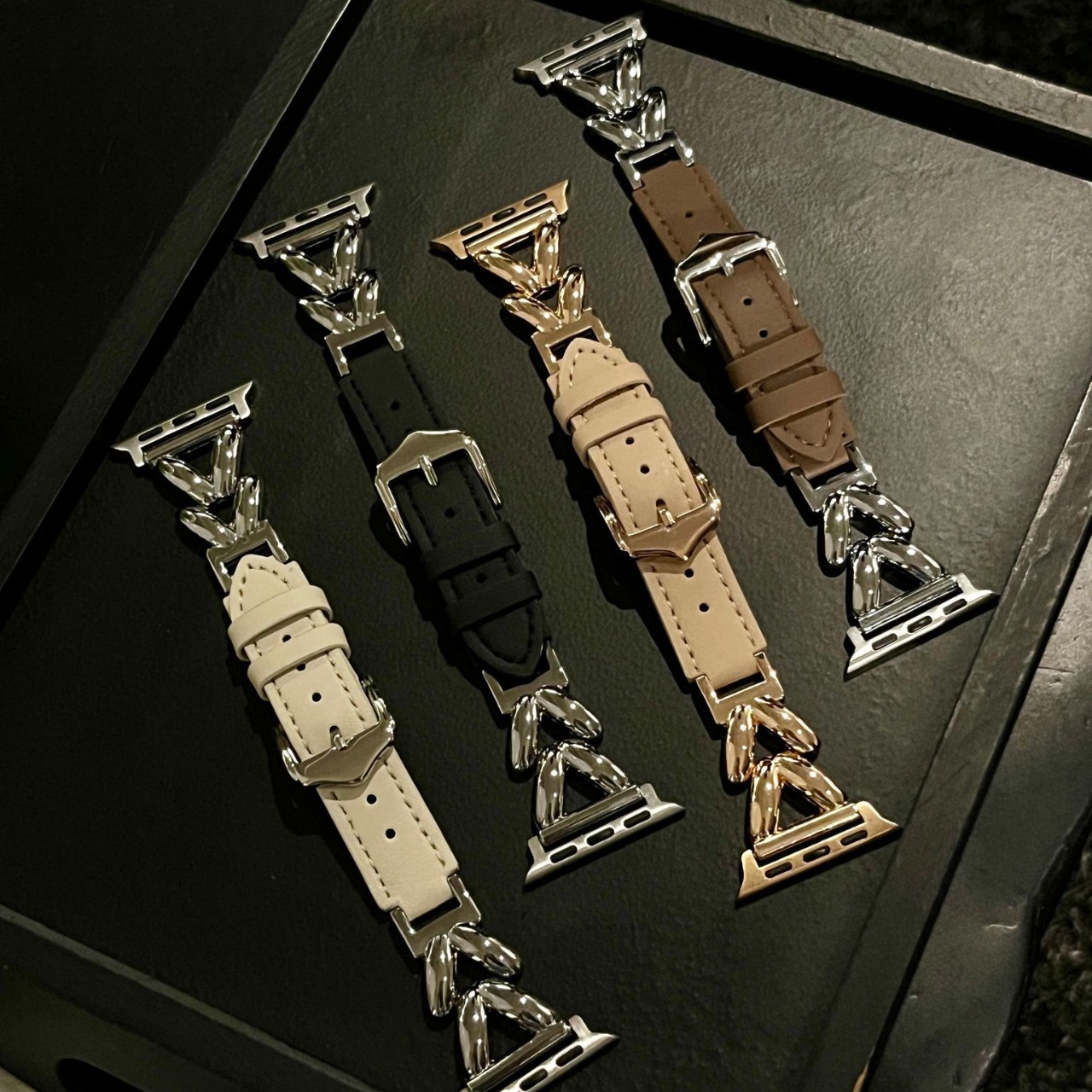 樹葉金屬加皮蘋果錶帶適用applewatchs9新款iwatch678se智能通用