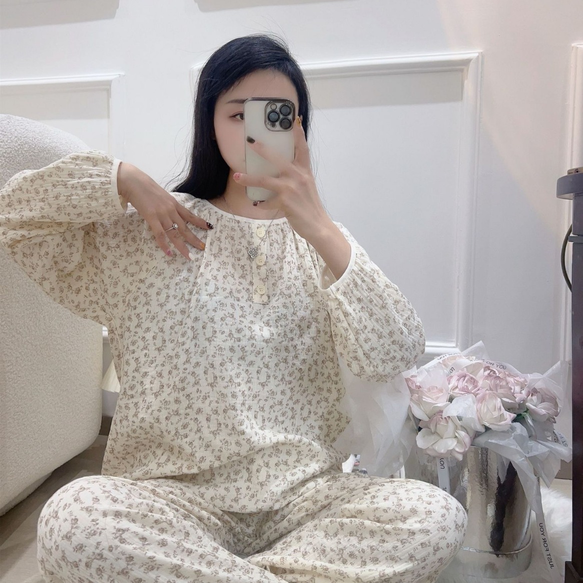 [다크 브라운 장미] 봄 잠옷 소프트 후푸 더블 원사 면 귀여운 옷깃 부드러운 유교 홈 의류 도매