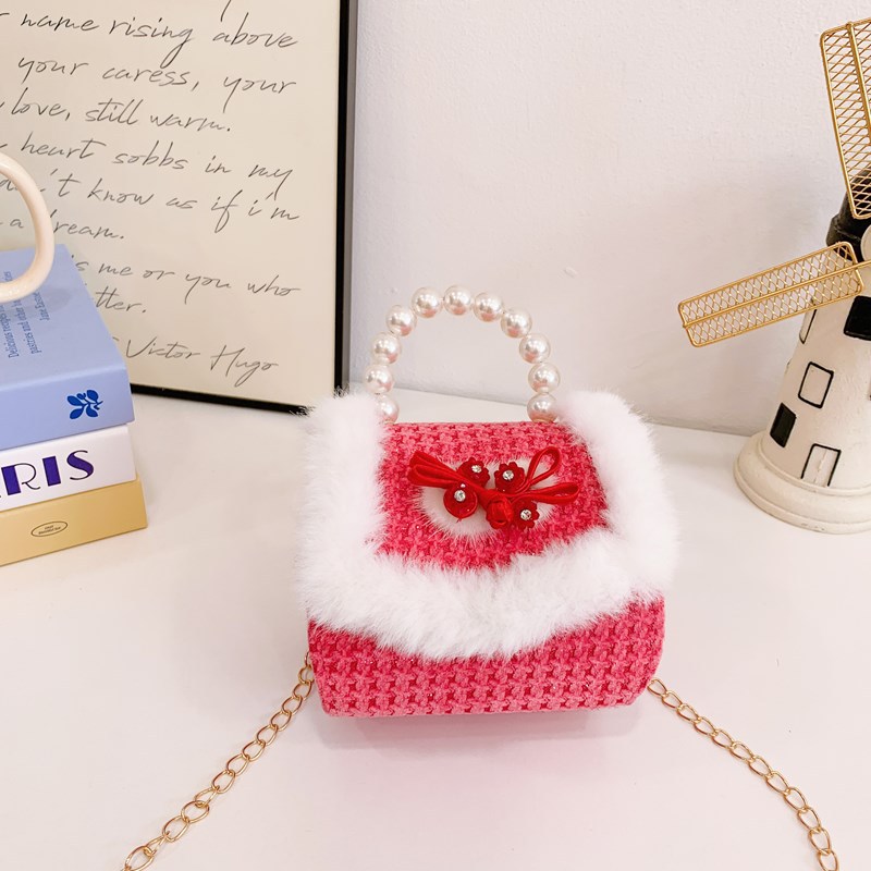 2025 bolsos de Año Nuevo para niños bolsos de perlas princesa de estilo cuadrado bolsos de hombro de cadenas de peluche niñas