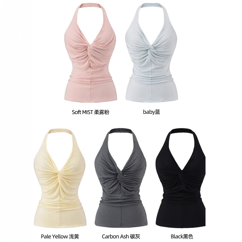 Hot Buff Stacked Design Sexy V Neck Halterneck Suspender Twist Sleeveless Vest Women's Slimming Look Top