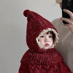 クリスマスの赤い子供の帽子のマフラーのストールの一体の乳幼児の男女の子供の子供の秋冬の耳の精霊の帽子