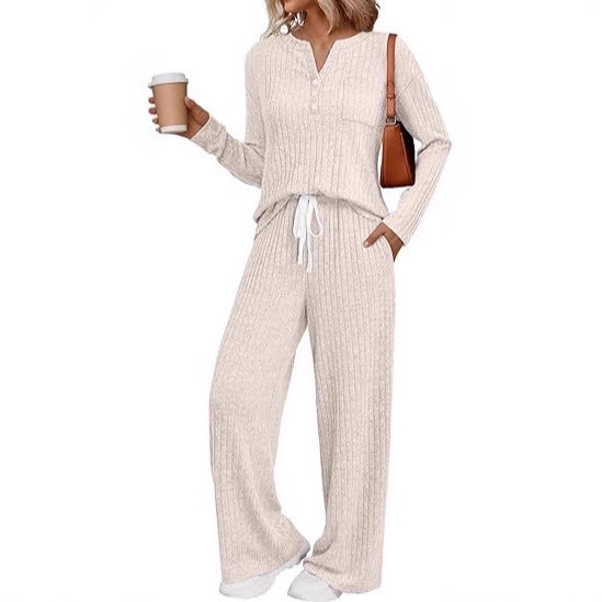 2025 New Autum Cross-Border Women's Clothing Export Amazon Hot Selling V Neck Knitted Casual Comfortable Pajamas Set for Women