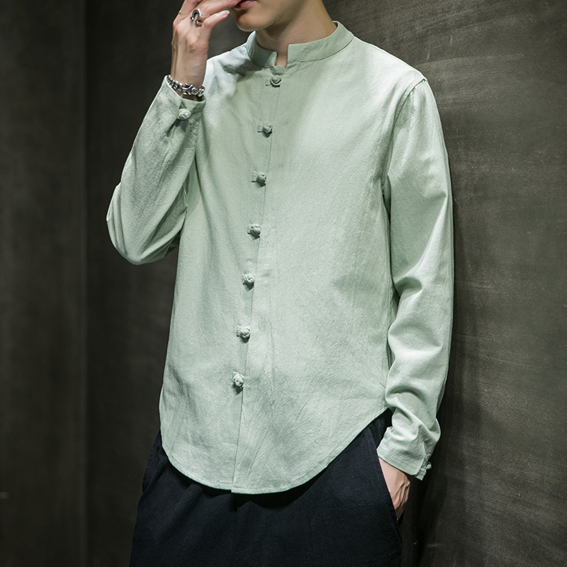 Linen Shirt Men's Long-sleeved Spring and Autumn New Chinese Style Men's Wear with Vertical Collar and Buckle Solid Color Tang All-match Vintage Top