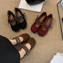 百搭双扣带浅口单鞋女内增高2025牛皮爸版~新款法式圆头玛丽珍鞋