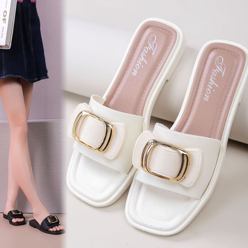 Summer new square buckle slippers women wear non-slip fashion flat flower bow slippers factory wholesale