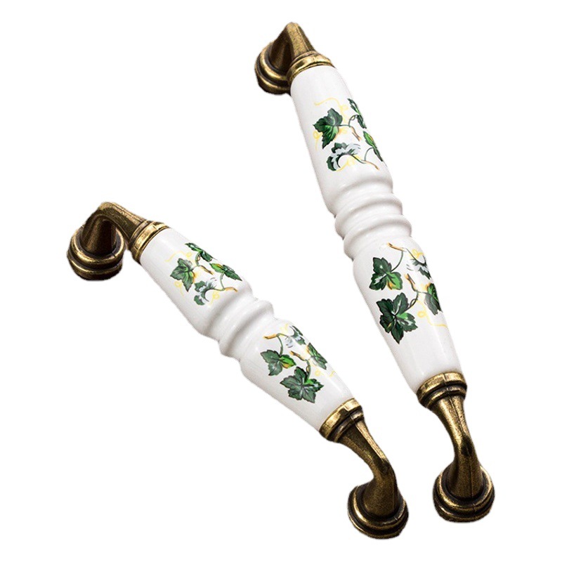 Hoja verde rojo antiguo patrón marrón manija de cerámica pastoral muebles manija de la puerta del gabinete muebles del cajón manija de un solo agujero