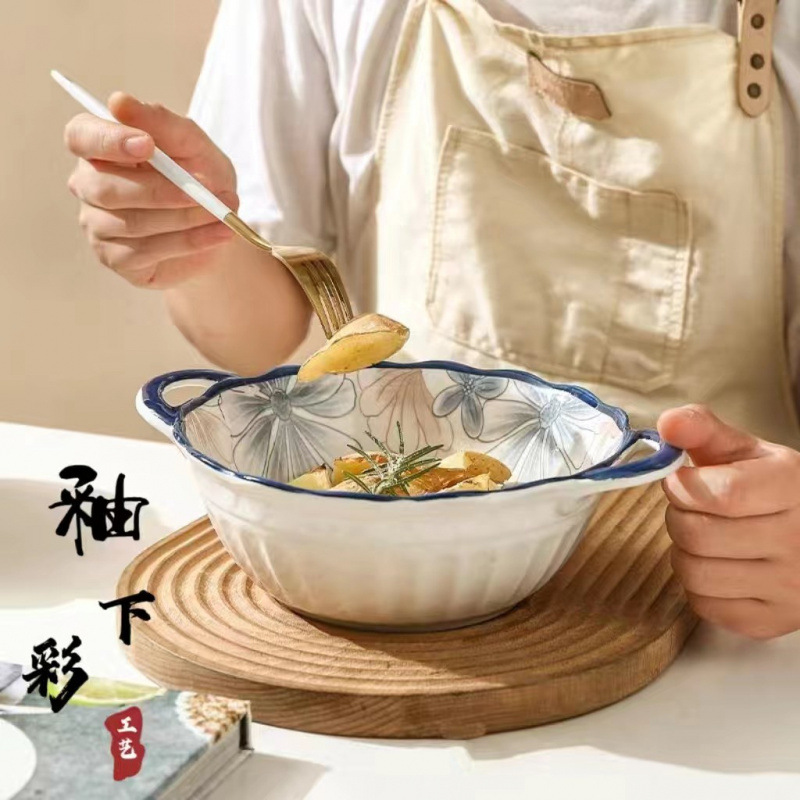 面条碗双耳汤碗家用10英寸大号面碗防烫浮汤碗酸菜鱼釉下彩工艺