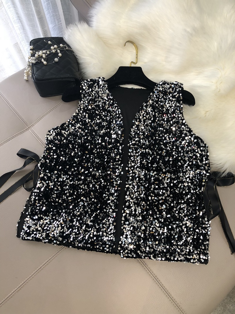 Otoño e Invierno nuevo bingbing brillante lentejuelas chaleco suelto encaje-up corto versátil camisa cardigan top