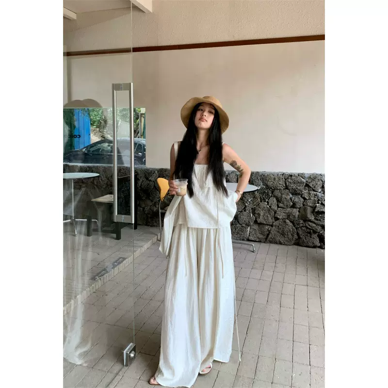 清冷气质设计感方领荷叶边吊带+阔腿长裤裙裤亚麻套装女