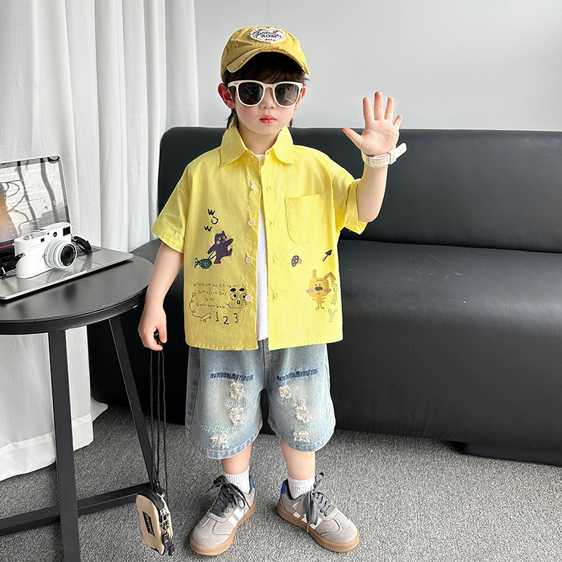 7274 Camisa de manga corta para niños Camisa estampada de primavera Ropa fina de verano para niños 2025 Nuevo estilo de moda