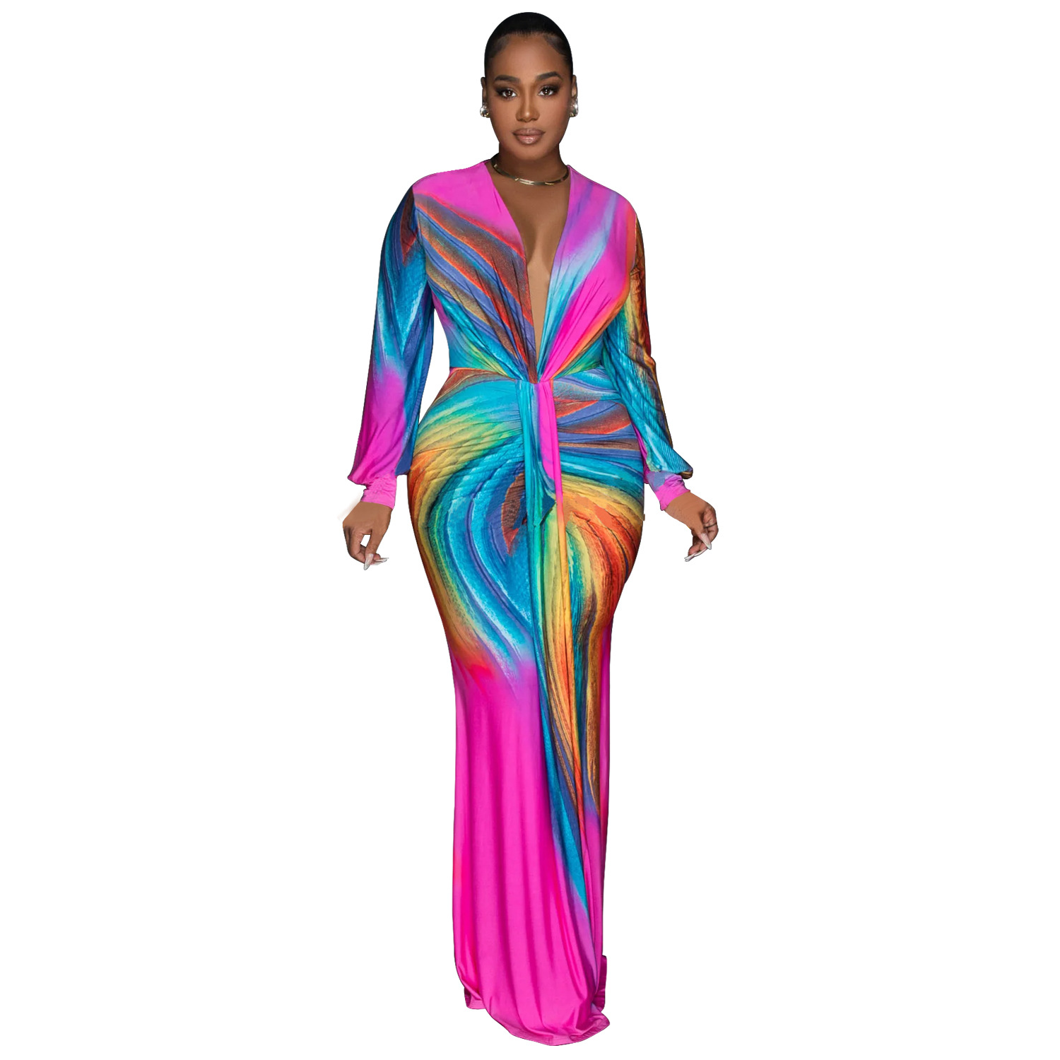 C6952 AliExpress transfronterizo Amazon estación independiente de moda europea y americana ropa de mujer de color plegado vestido casual largo image 8