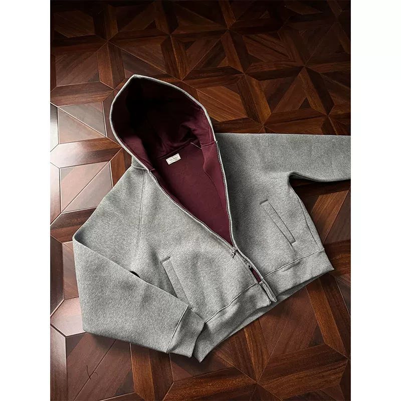 美式潮牌复古短款连帽卫衣男士春秋新款boxy版型帝王红内开衫外套