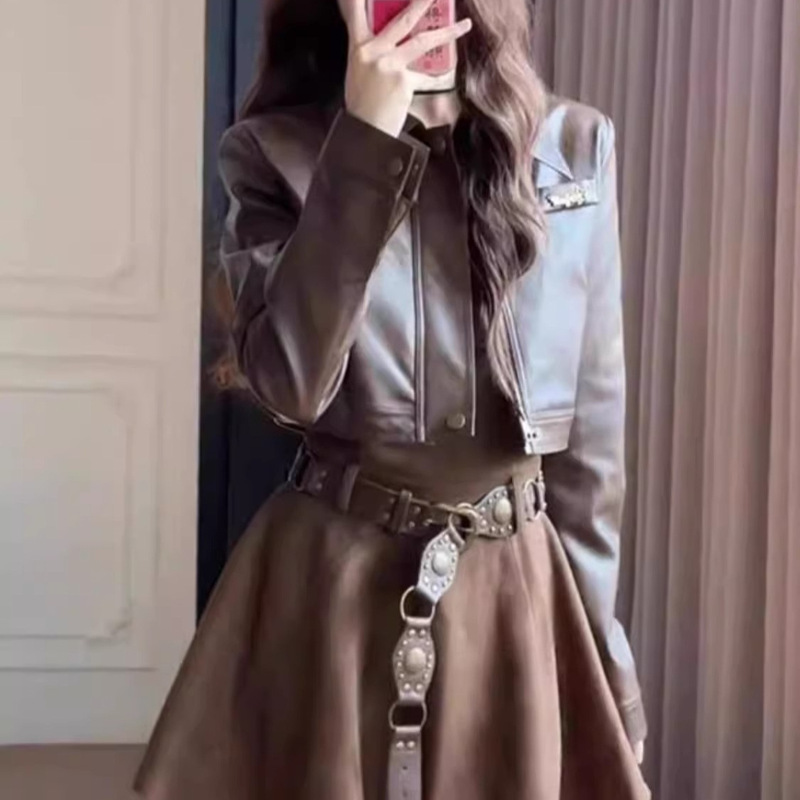 Suit for Women 2025 Spring and Autum Korean Sexy Short Jacket Leather Jacket Waist Suspender Dress Two-Piece Set