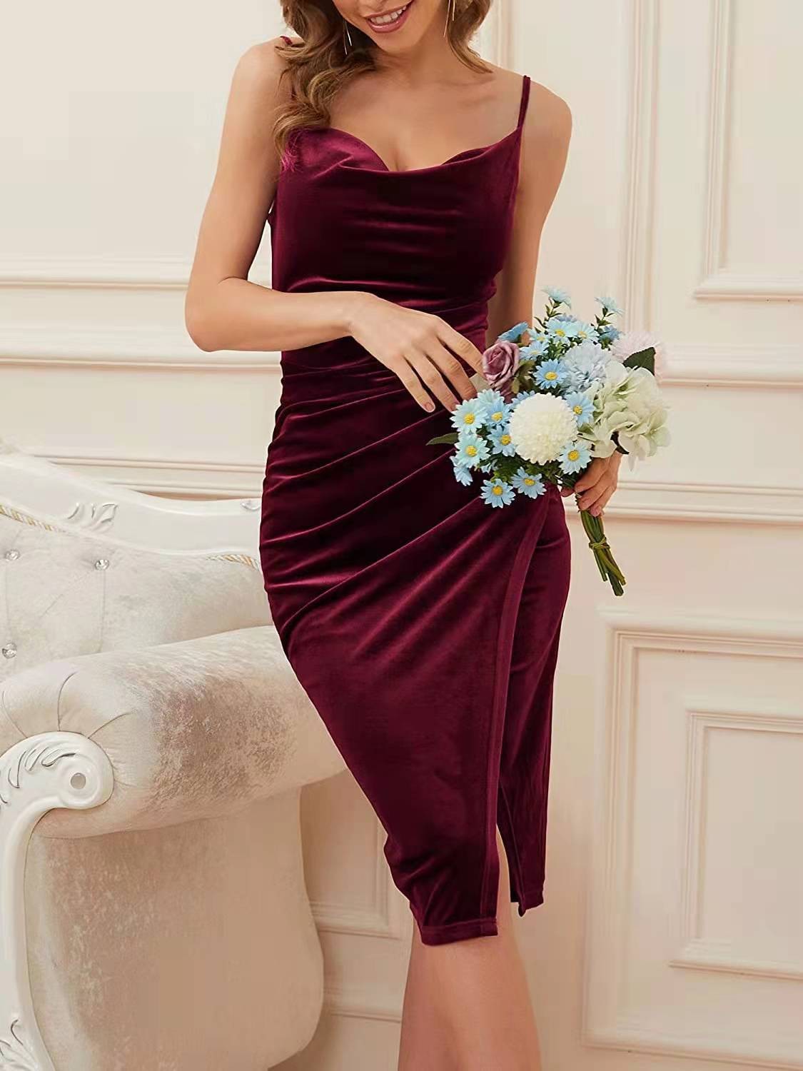 Women's Luxury Velvet Spaghetti Strap Maxi Dress Ruched Detail High Slit Sexy Evening Formal Dresses_ecoleips.com