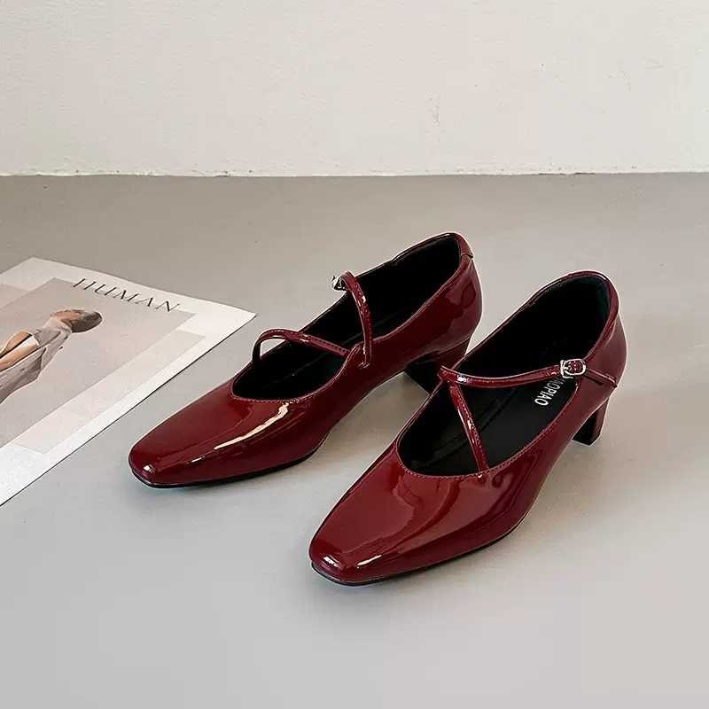 软皮版~法式红色单鞋女新款百搭气质方头小皮鞋复古粗跟玛丽珍鞋