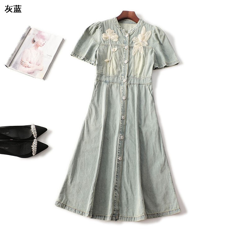 411430 Summer Dress Shenzhen Denim Flower Beading Extra Long Short Sleeve Round Neck Deep