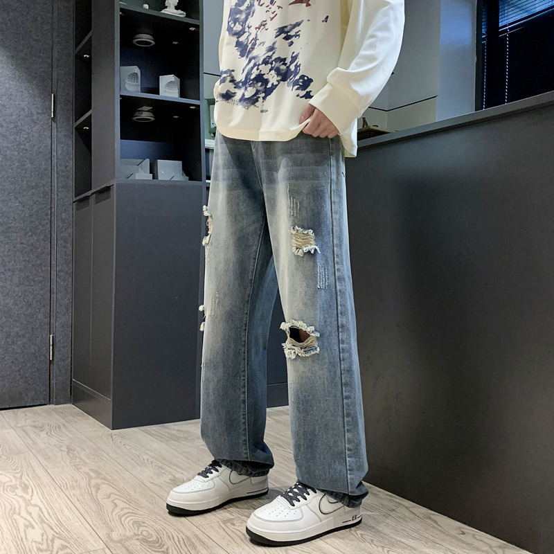 Yadu - Ripped Loose-Fit Jeans for Men, High Street Fashion Brand, Straight-Leg Wide-Waist Long Pants, Floor-Length Pants 501-38 Yadu - Ripped Loose-Fit Jeans for Men, High Street Fashion Brand, Straight-Leg Wide-Waist Long Pants, Floor-Length Pants 501-38
