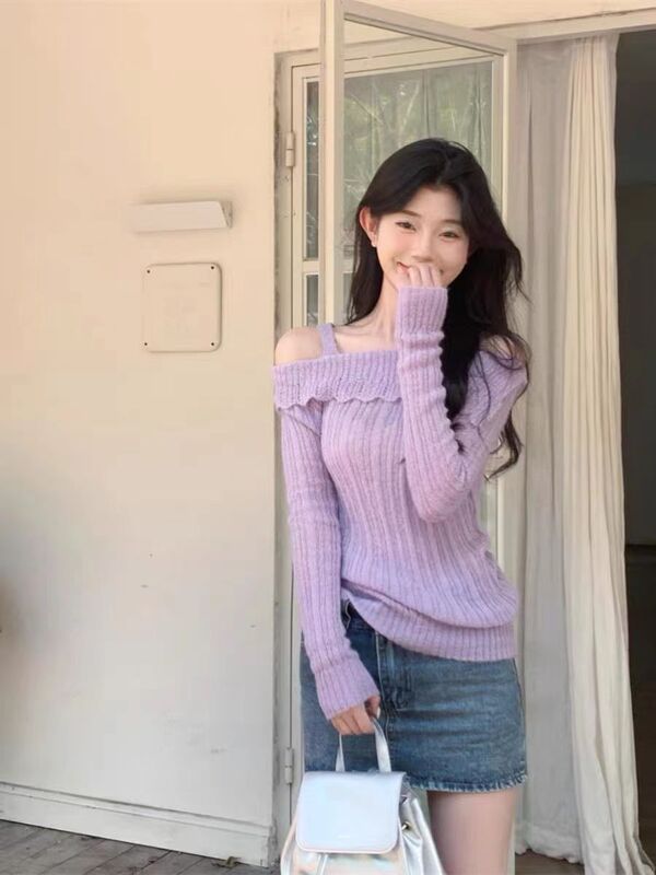 超好看紫色一字肩毛衣纯欲风设计感吊带针织衫上衣女春季2025新款|undefined