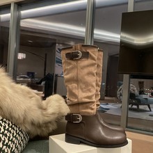 厚底长筒靴子女复古皱褶堆堆中筒靴皮带扣不过膝粗跟显瘦骑士靴女