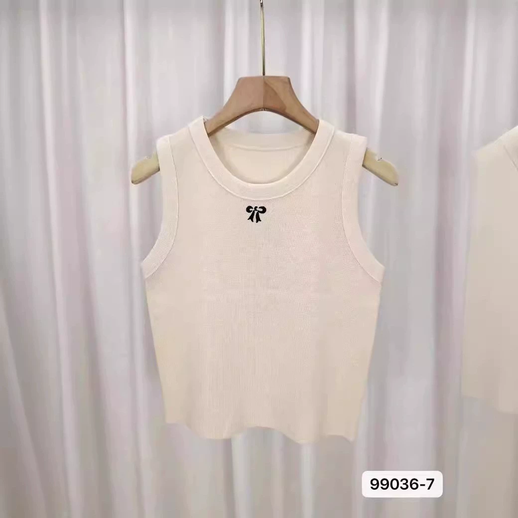 Short sleeveless summer vest, bow embroidery, fashionable cropped design, one size