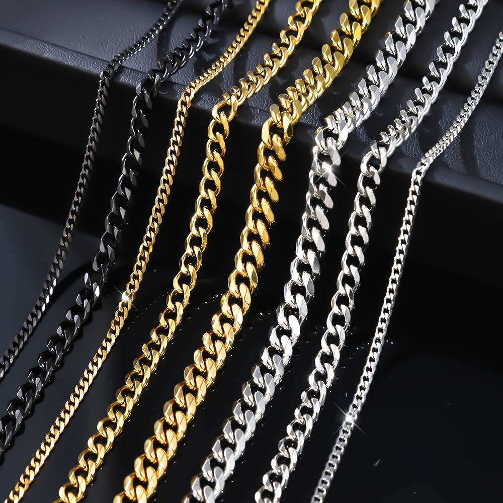 European and American Men's Stainless Steel Necklace Titanium Steel Single Line Six-Sided Grinding Necklace Cross-Border Hot Selling 18K Gold Plated Cuban Chain