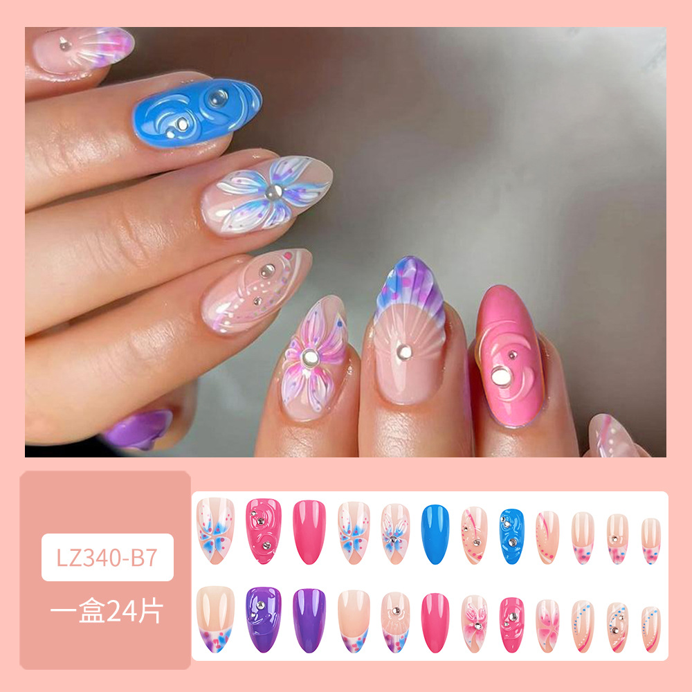 3D estereoscópico goteo de flores de manicuras transfronterizas nuevas uñas de almendras 24 piezas de parche de uñas de diamantes