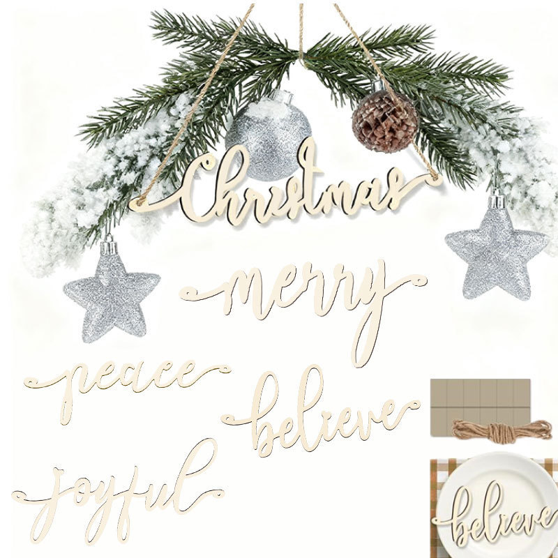 Wooden Christmas Hollow Letter Pendant Rustic Merry Christmas Wooden Sign Happy Peace Believe Plate Decoration