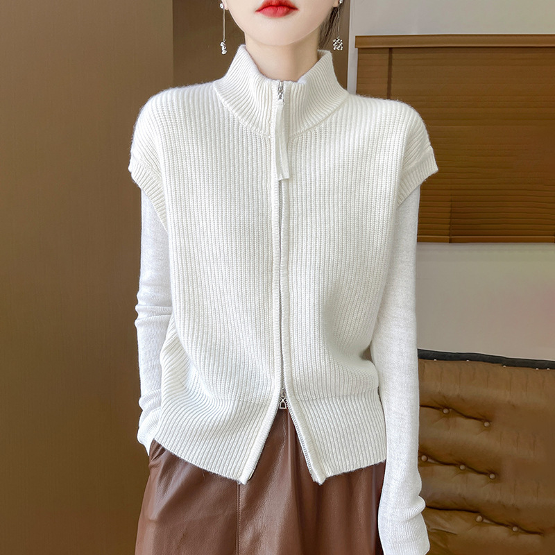 秋冬100%纯羊毛马甲开衫女半高领拉链毛衣背心宽松羊毛衫坎肩外套