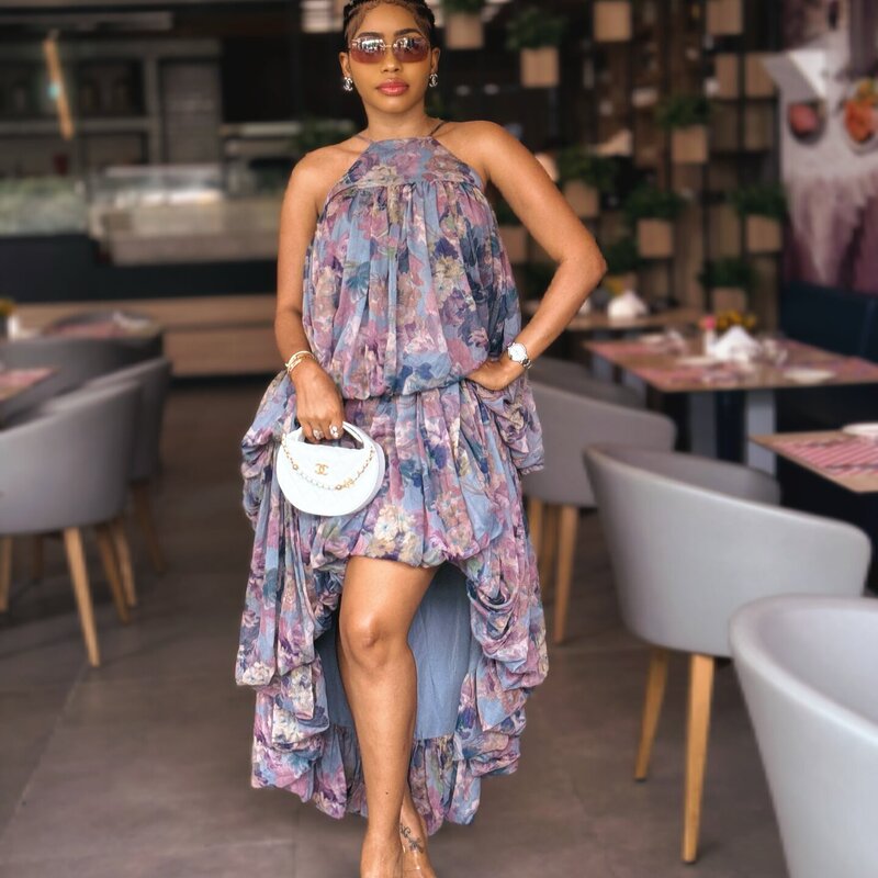 European and American Cross-Border Women's Clothing 2026 African Amazon New Sweet Lace-Up Printed Sleeveless Mid-Length Dress