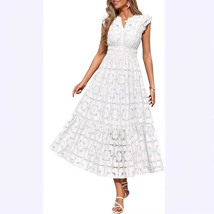 Women's Bohemian Long Dress Summer Floral Lace Eyelet V-Neck Wedding Dress Beach Vacation Dress Women's Bohemian Long Dress Summer Floral Lace Eyelet V-Neck Wedding Dress Beach Vacation Dress