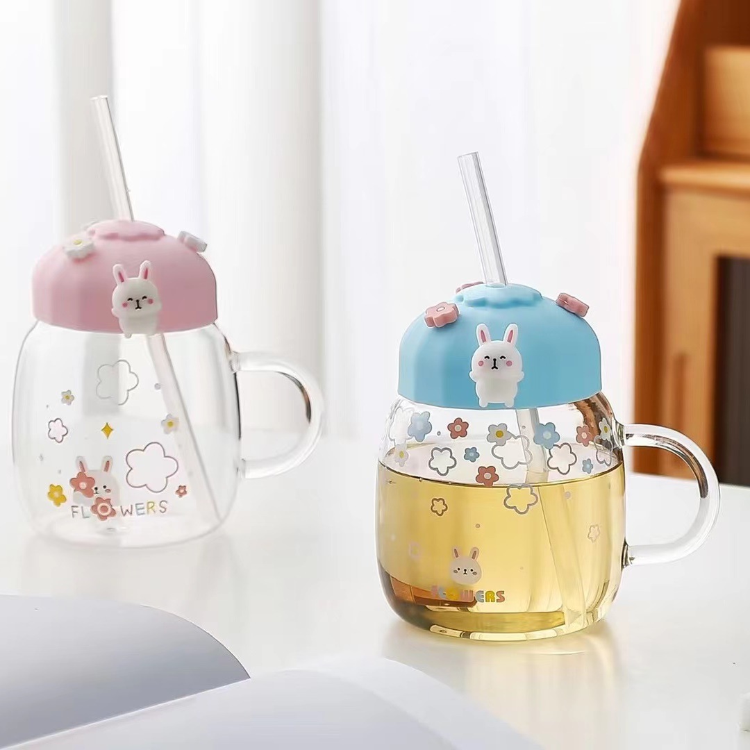 Creativo lindo conejo de dibujos animados flor taza de agua de vidrio con tapa paja taza de regalo personalizado lindo mascota red taza roja