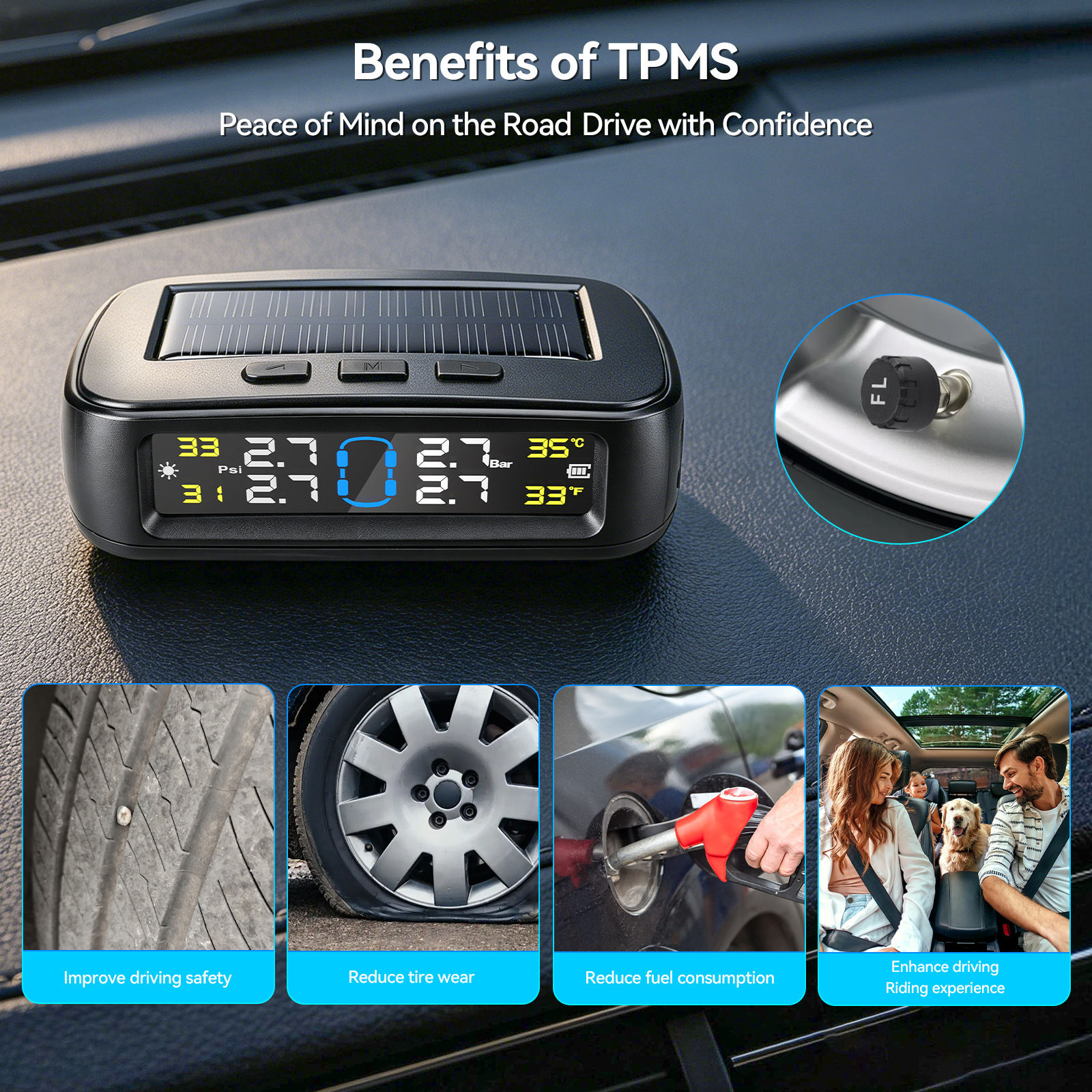 Woliip Solar Tpms Car Tire Pressure Monitoring System Wireless Sensor High-Precision Digital Display