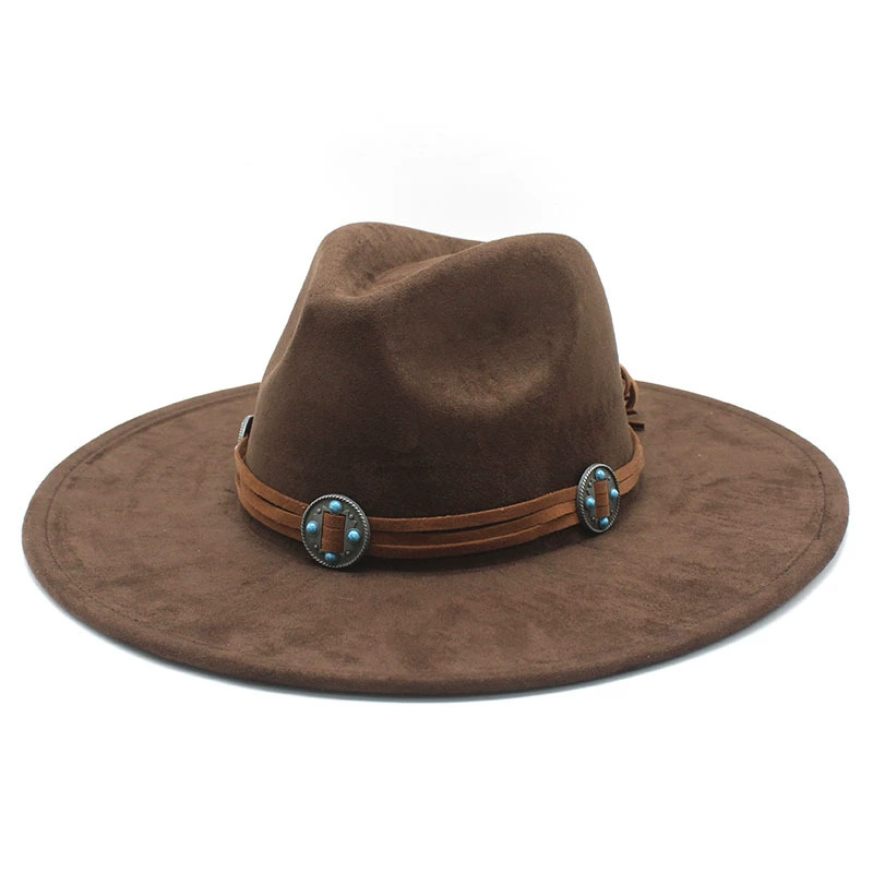Suede cowboy hat, men’s jazz/fedora style, bow and concho band, 56–59 cm