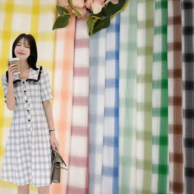 现货批发涤纶色织格子面料 春夏女装时尚休闲格纹连衣裙裤子布料