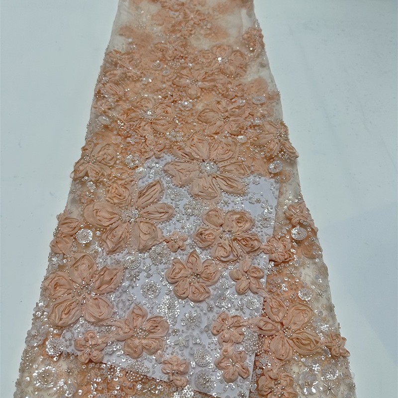 Discos de encaje de flores tridimensionales bordados vestido de novia blanco de alta calidad tela de moda tela de bordado de lentejuelas LACE