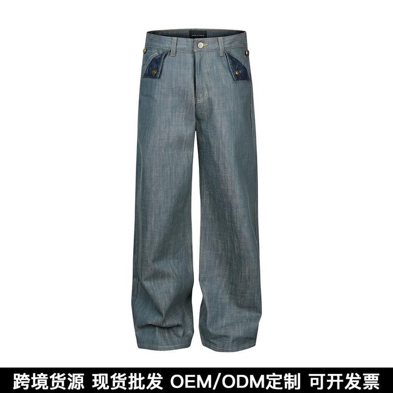 "14Oz Lake Green Original Denim" Eme Elegant Baroque Embossed Embroidery A-Line Wide-Leg Straight Jeans for Men and Women "14Oz Lake Green Original Denim" Eme Elegant Baroque Embossed Embroidery A-Line Wide-Leg Straight Jeans for Men and Women