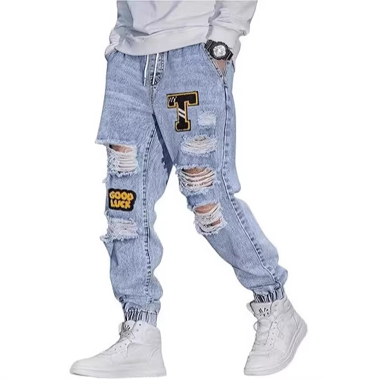 Men's Workwear Jogger Pants with Letter Patches, Ripped Jeans with Elastic Drawstring Waist, Vintage-Style Denim Pants